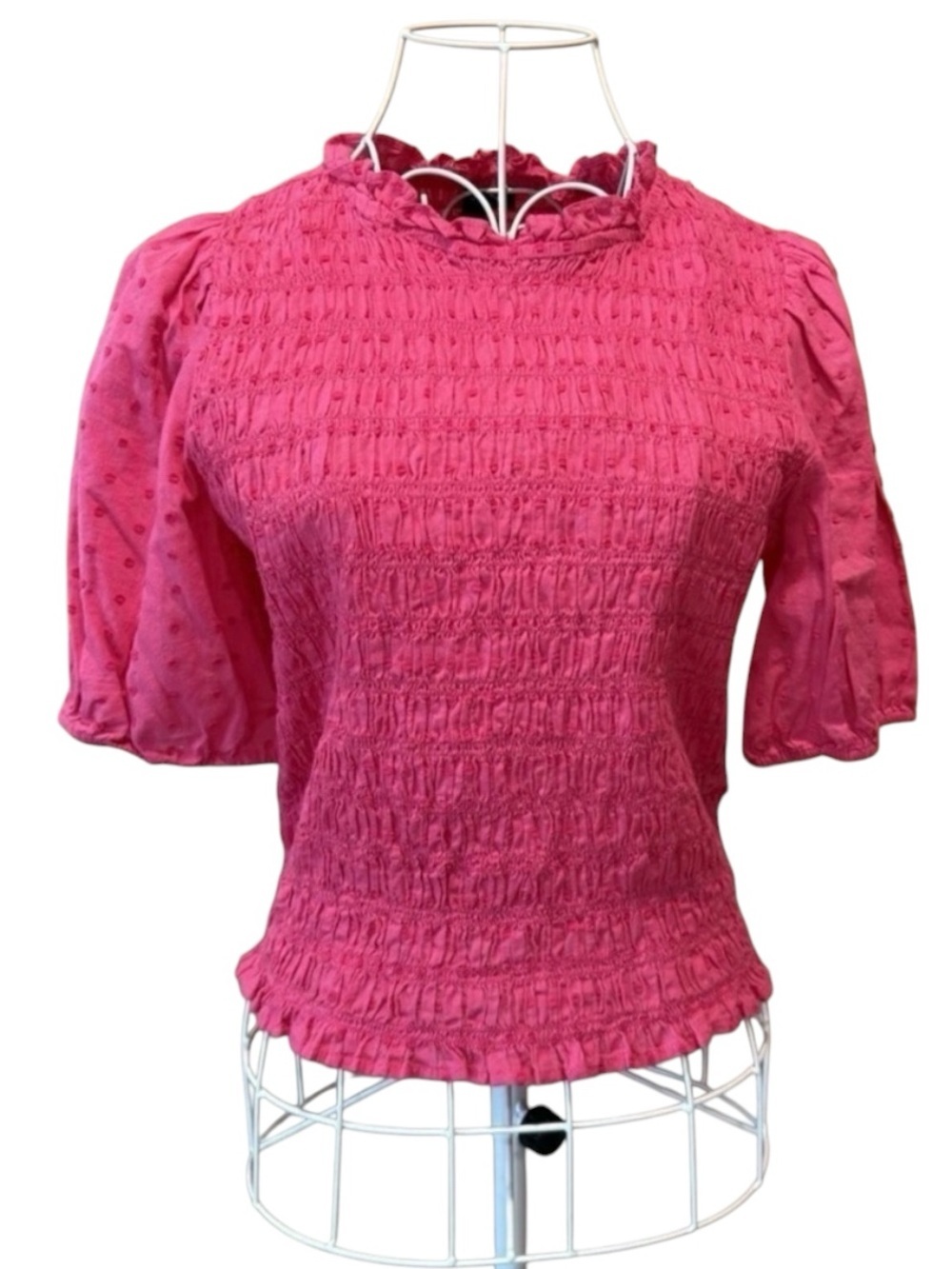 J.Crew Pink Smocked Swiss Dot Puff Sleeve Blouse Ruffle Neck S